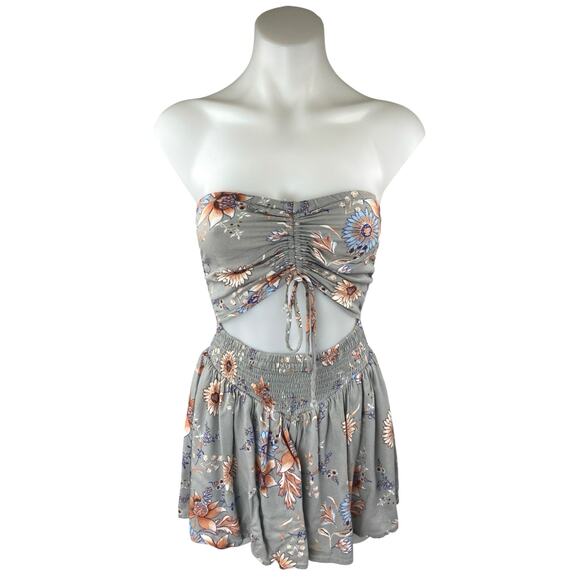 Sundays Gray Floral Strapless Sleeveless Ruched Smocked Tube Jumpsuit Romper S - Picture 1 of 4